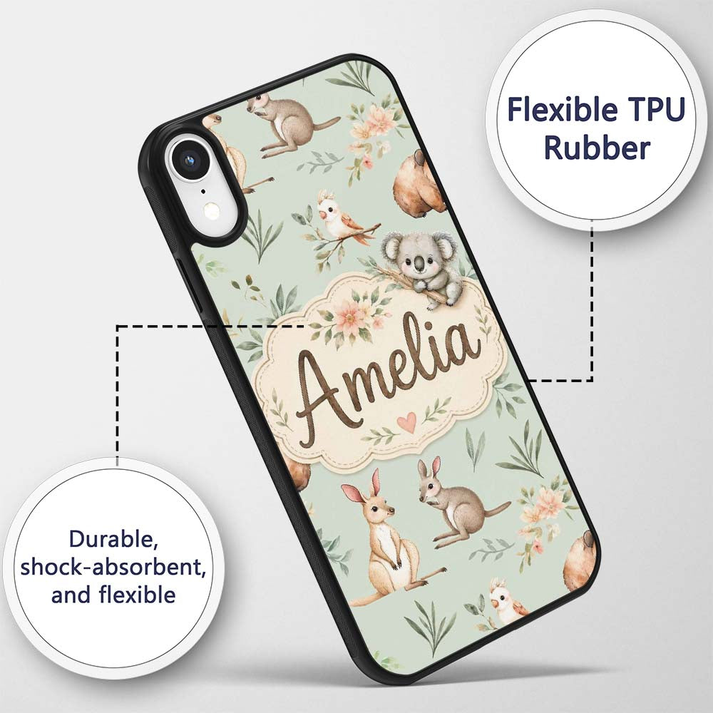 Woodland Animals Koala Kangaroo Bear Floral Mint Custom Name Protective Phone Case Mobile Cover Durable Everyday Smartphone Shock Resistant