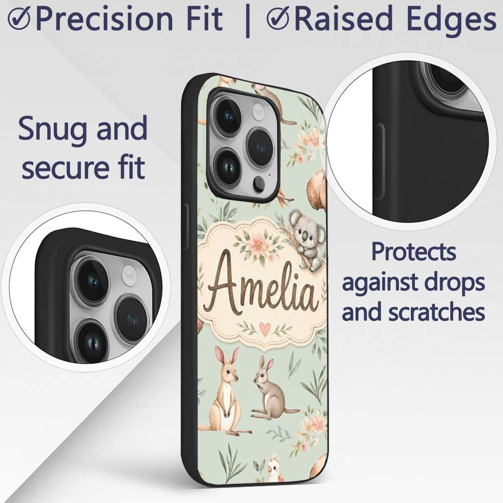 Woodland Animals Koala Kangaroo Bear Floral Mint Custom Name Protective Phone Case Mobile Cover Durable Everyday Smartphone Shock Resistant