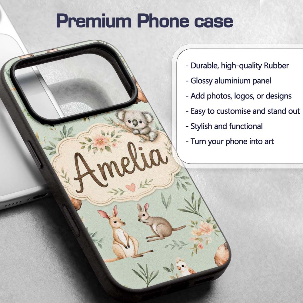 Woodland Animals Koala Kangaroo Bear Floral Mint Custom Name Protective Phone Case Mobile Cover Durable Everyday Smartphone Shock Resistant