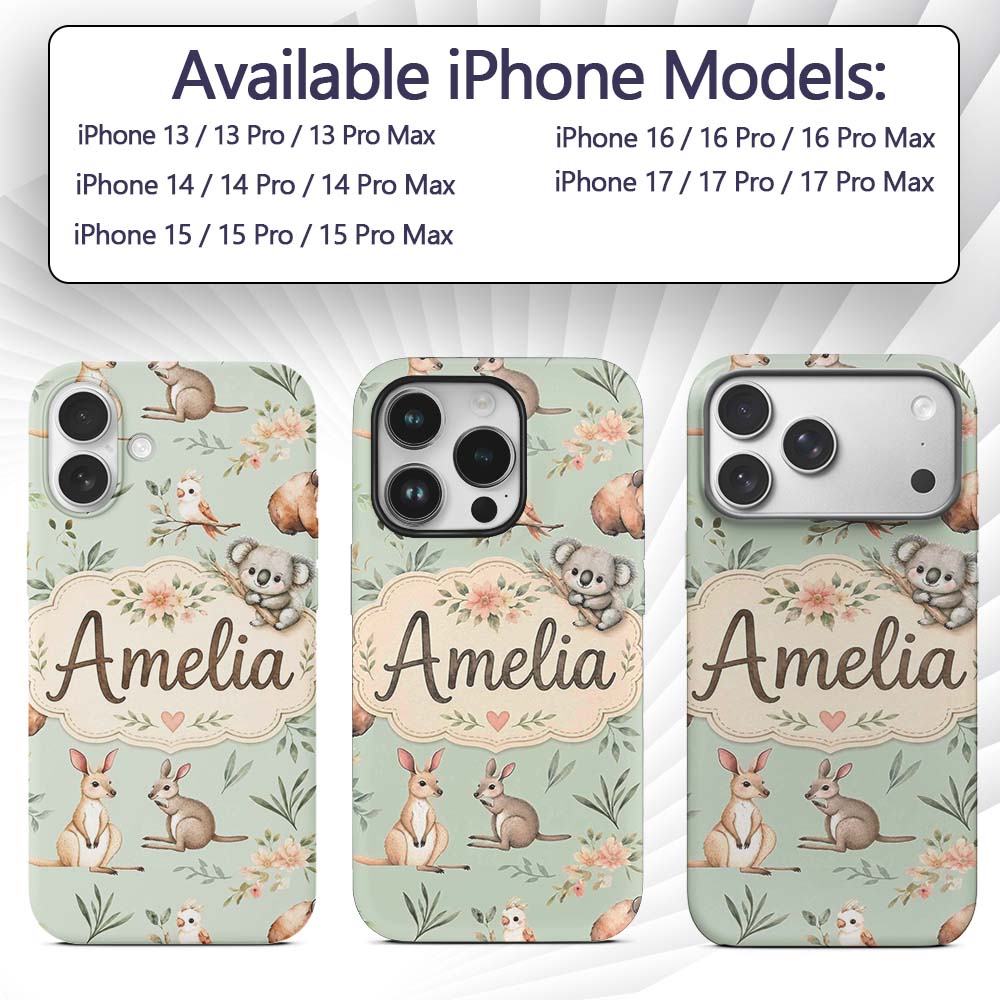 Woodland Animals Koala Kangaroo Bear Floral Mint Custom Name Protective Phone Case Mobile Cover Durable Everyday Smartphone Shock Resistant