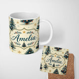 Personalized Custom Name Watercolor Snowy Christmas Trees with Golden Snowflakes Seamless 11oz Ceramic Coffee Tea Mug White Large Handle