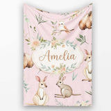 Woodland Animals Koala Kangaroo Bear Floral Mauve Pink Seamless  Personalised Custom Name Super Soft Fleece Blanket Bed Sofa Throw