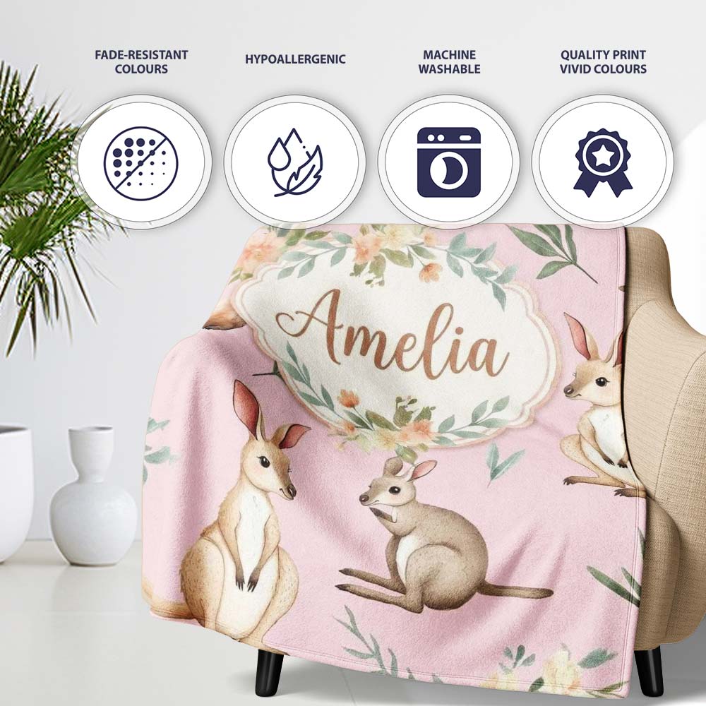 Woodland Animals Koala Kangaroo Bear Floral Mauve Pink Seamless  Personalised Custom Name Super Soft Fleece Blanket Bed Sofa Throw