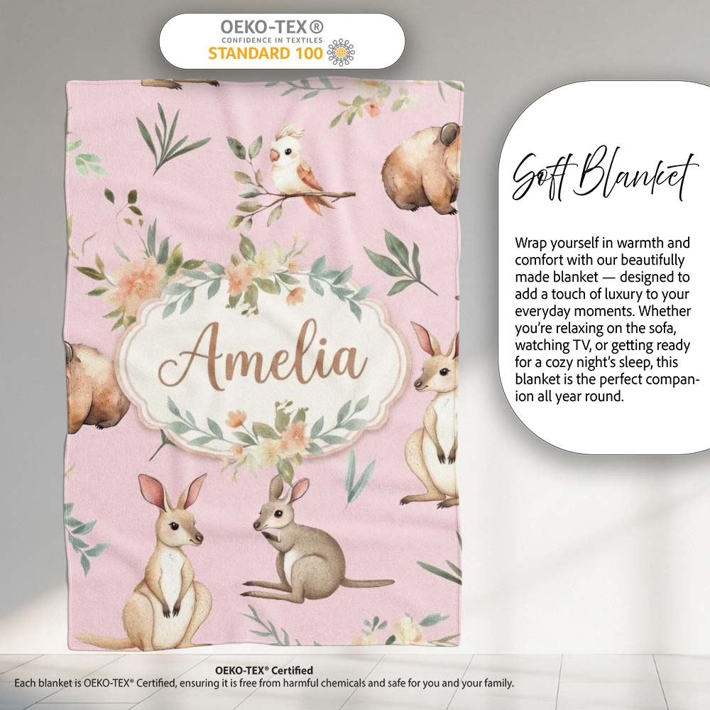 Woodland Animals Koala Kangaroo Bear Floral Mauve Pink Seamless  Personalised Custom Name Super Soft Fleece Blanket Bed Sofa Throw