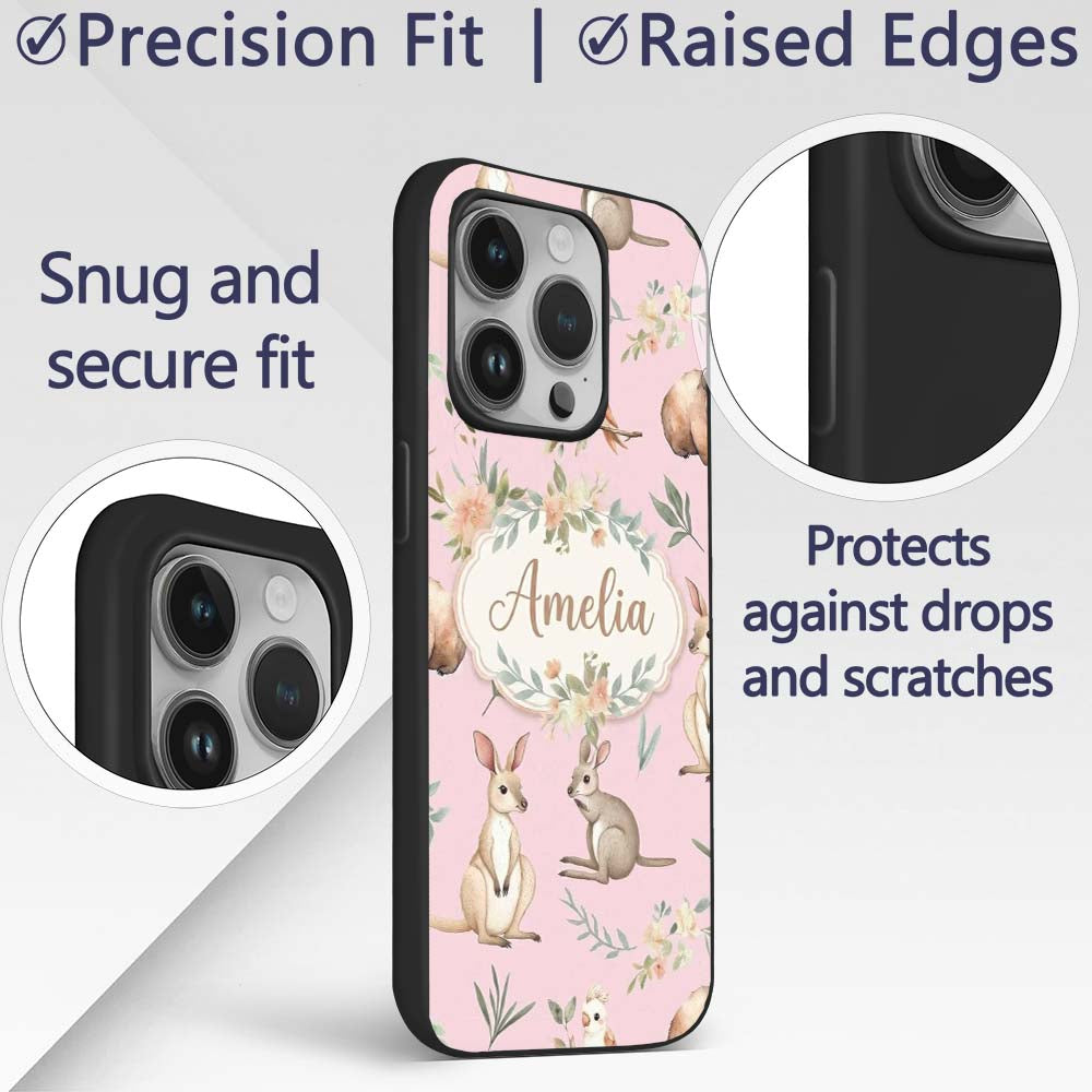 Woodland Animals Koala Kangaroo Bear Floral Mauve Custom Name Protective Phone Case Mobile Cover Durable Everyday Smartphone Shock Resistant