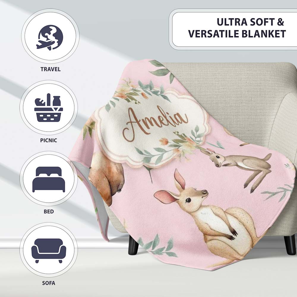 Woodland Animals Koala Kangaroo Bear Floral Mauve Pink Seamless  Personalised Custom Name Super Soft Fleece Blanket Bed Sofa Throw