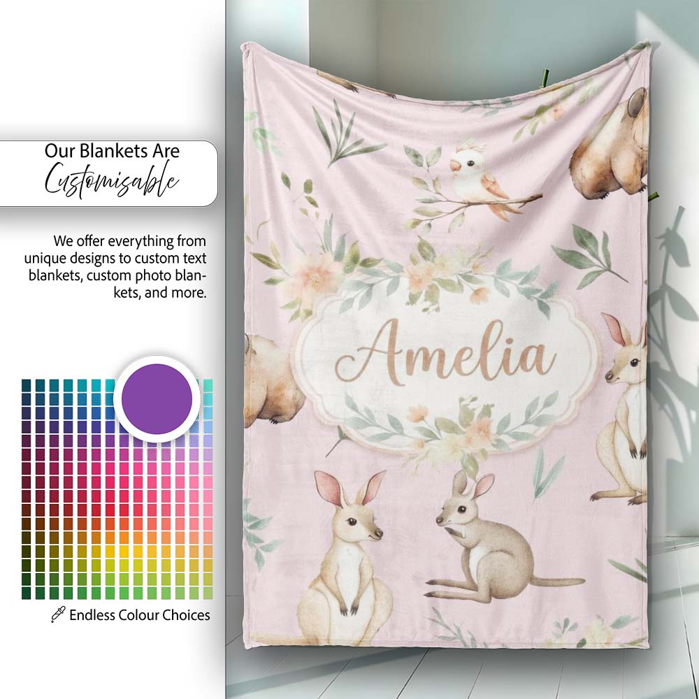 Woodland Animals Koala Kangaroo Bear Floral Mauve Pink Seamless  Personalised Custom Name Super Soft Fleece Blanket Bed Sofa Throw