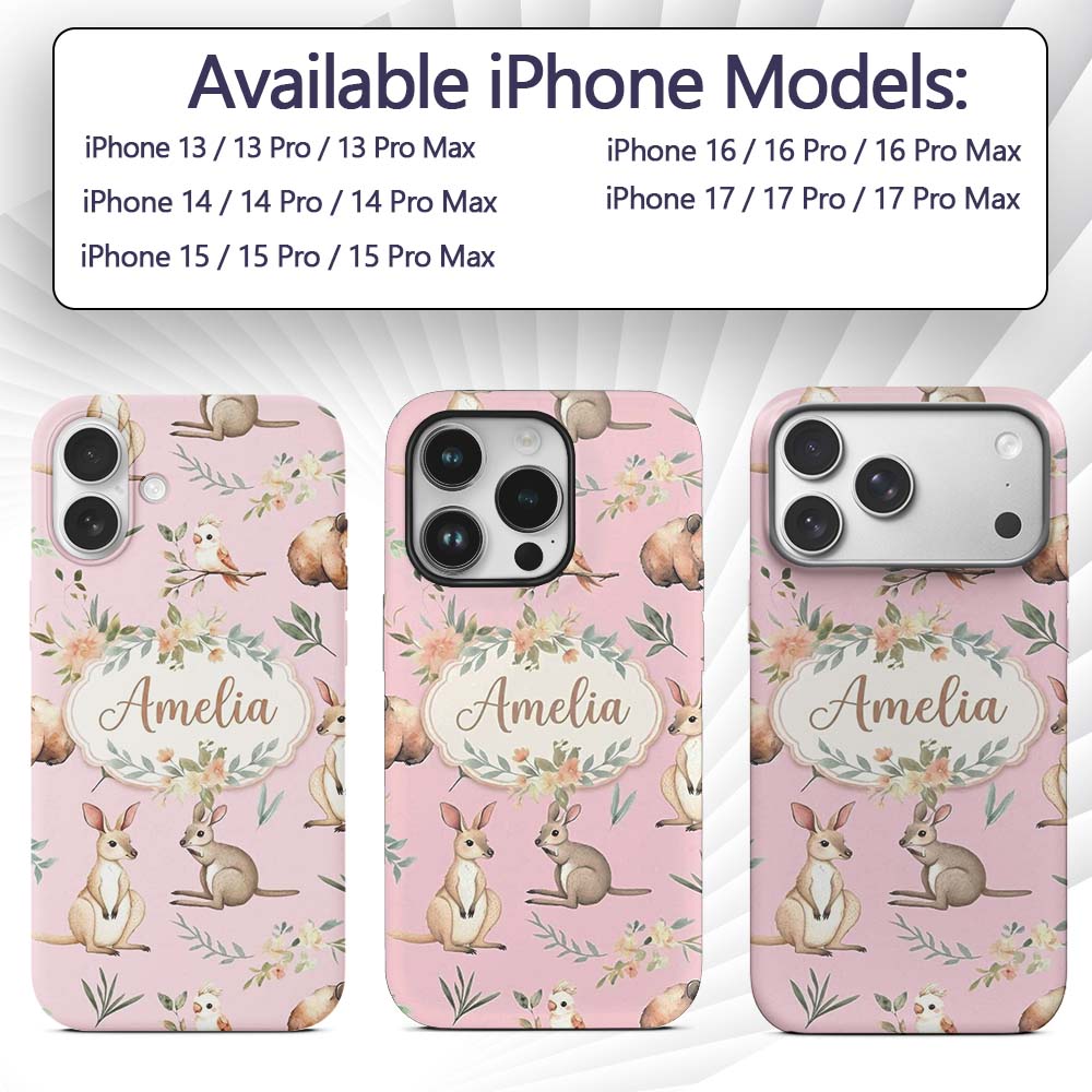 Woodland Animals Koala Kangaroo Bear Floral Mauve Custom Name Protective Phone Case Mobile Cover Durable Everyday Smartphone Shock Resistant