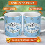 Personalized Custom Name Cute Panda Bamboo and Floral Minimal Seamless Pattern on Sky Blue 11oz Ceramic Coffee Tea Mug White Large Handle