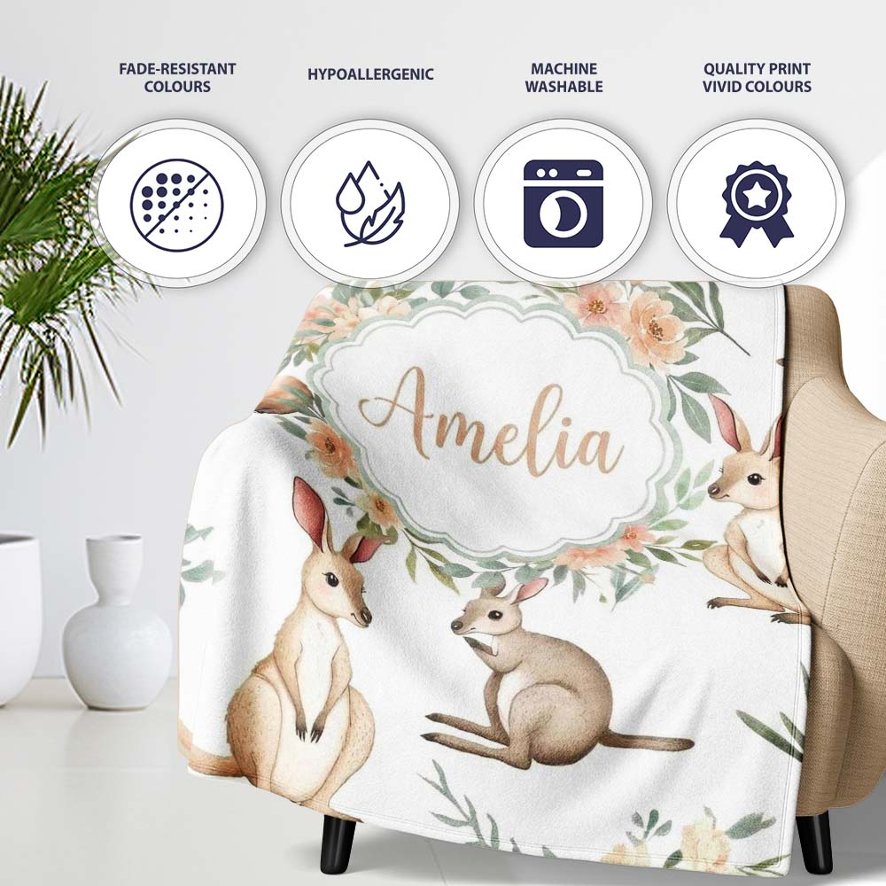 Woodland Animals Koala Kangaroo Bear Floral Light Grey Seamless  Personalised Custom Name Super Soft Fleece Blanket Bed Sofa Throw