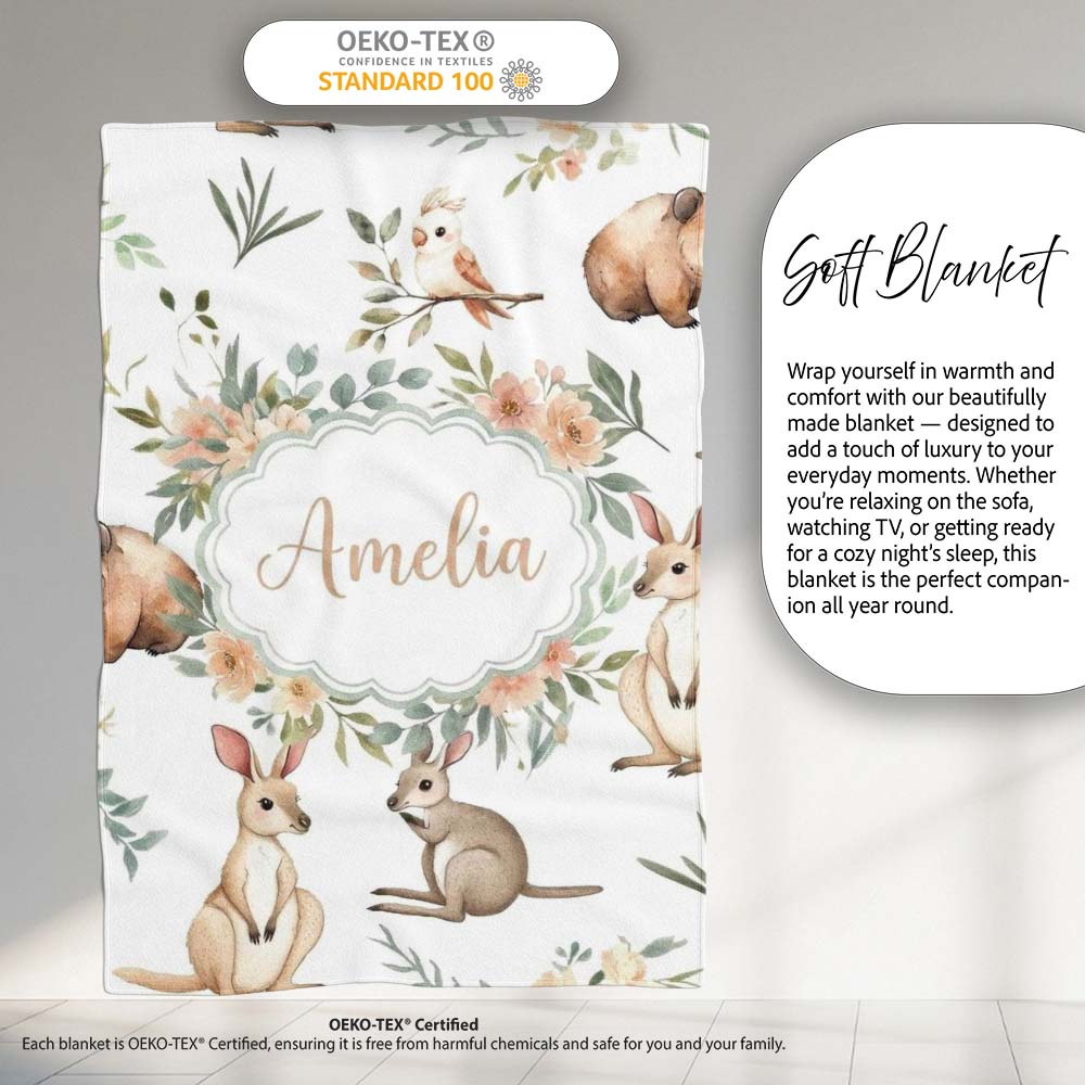 Woodland Animals Koala Kangaroo Bear Floral Light Grey Seamless  Personalised Custom Name Super Soft Fleece Blanket Bed Sofa Throw