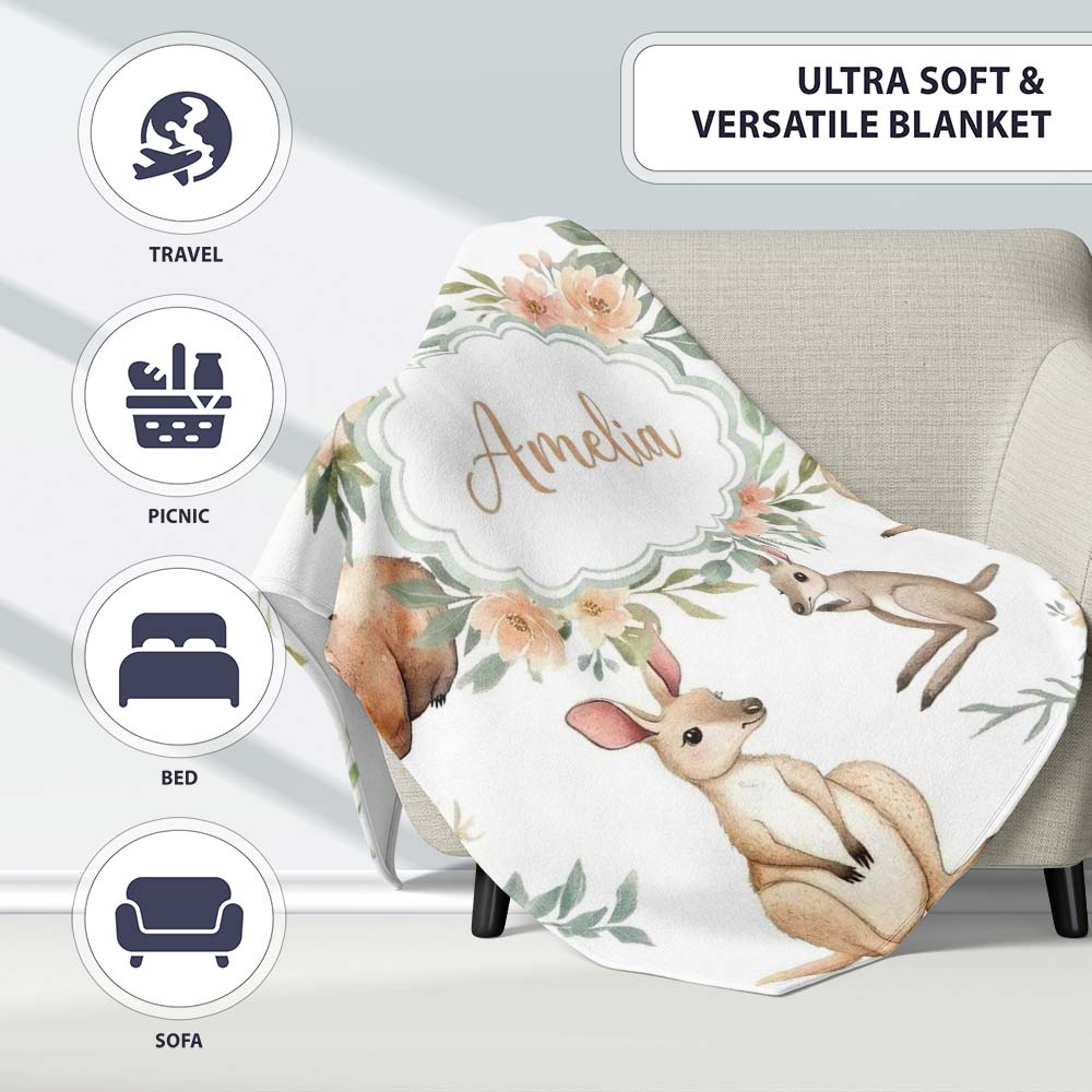 Woodland Animals Koala Kangaroo Bear Floral Light Grey Seamless  Personalised Custom Name Super Soft Fleece Blanket Bed Sofa Throw