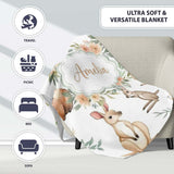 Woodland Animals Koala Kangaroo Bear Floral Light Grey Seamless  Personalised Custom Name Super Soft Fleece Blanket Bed Sofa Throw