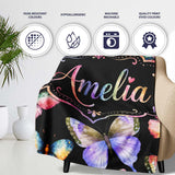 Colorful Watercolor Butterflies on Black Background Seamless  Personalised Custom Name Super Soft Fleece Blanket Bed Sofa Throw