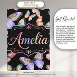 Colorful Watercolor Butterflies on Black Background Seamless  Personalised Custom Name Super Soft Fleece Blanket Bed Sofa Throw