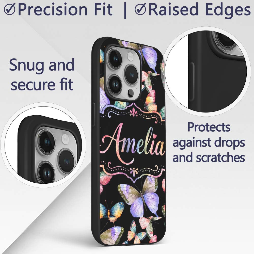 Colorful Watercolor Butterflies on Printed Design Custom Name Protective Phone Case Mobile Cover Durable Everyday Smartphone Shock Resistant