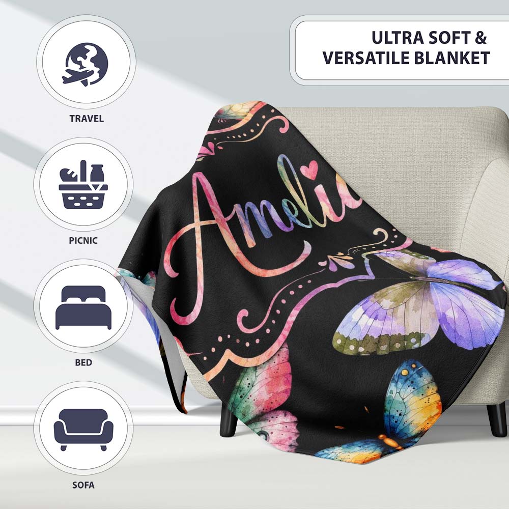 Colorful Watercolor Butterflies on Black Background Seamless  Personalised Custom Name Super Soft Fleece Blanket Bed Sofa Throw