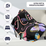 Colorful Watercolor Butterflies on Black Background Seamless  Personalised Custom Name Super Soft Fleece Blanket Bed Sofa Throw