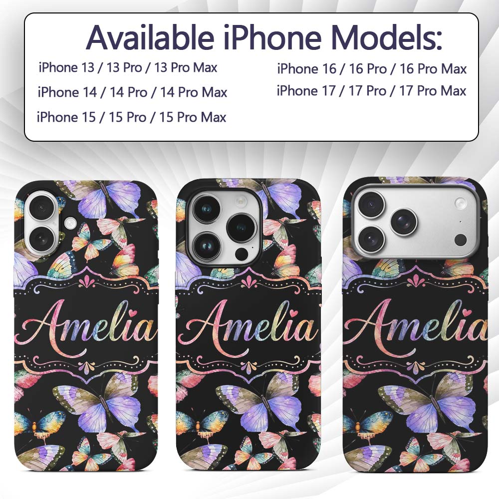Colorful Watercolor Butterflies on Printed Design Custom Name Protective Phone Case Mobile Cover Durable Everyday Smartphone Shock Resistant