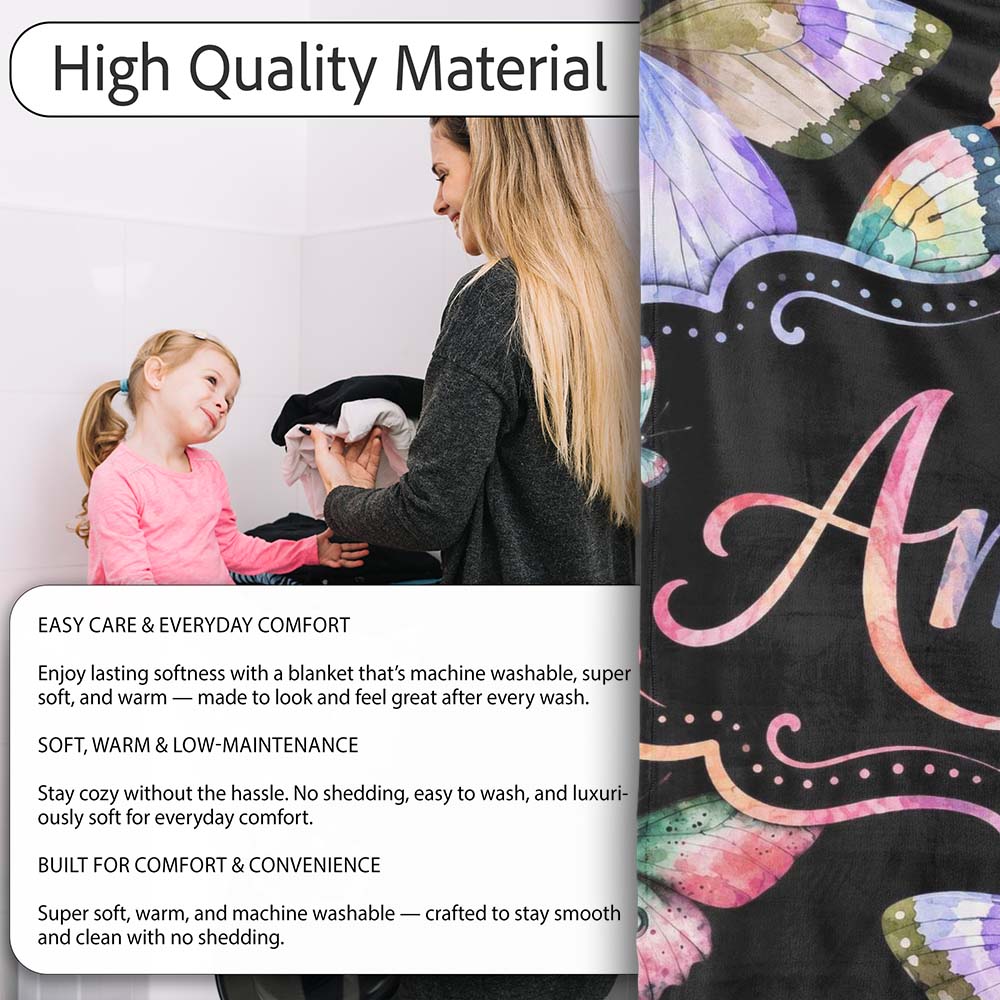 Colorful Watercolor Butterflies on Black Background Seamless  Personalised Custom Name Super Soft Fleece Blanket Bed Sofa Throw