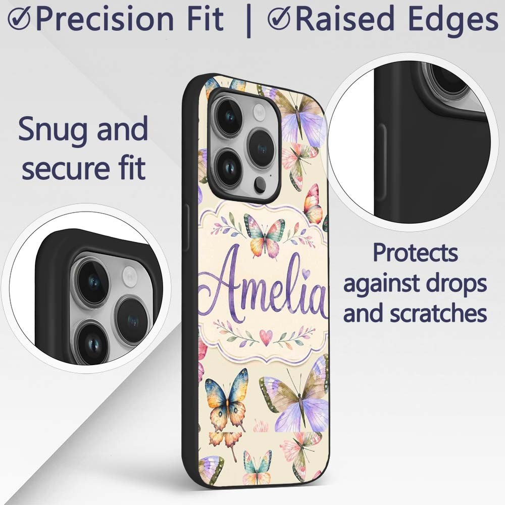 Colorful Watercolor Butterflies on Printed Design Custom Name Protective Phone Case Mobile Cover Durable Everyday Smartphone Shock Resistant