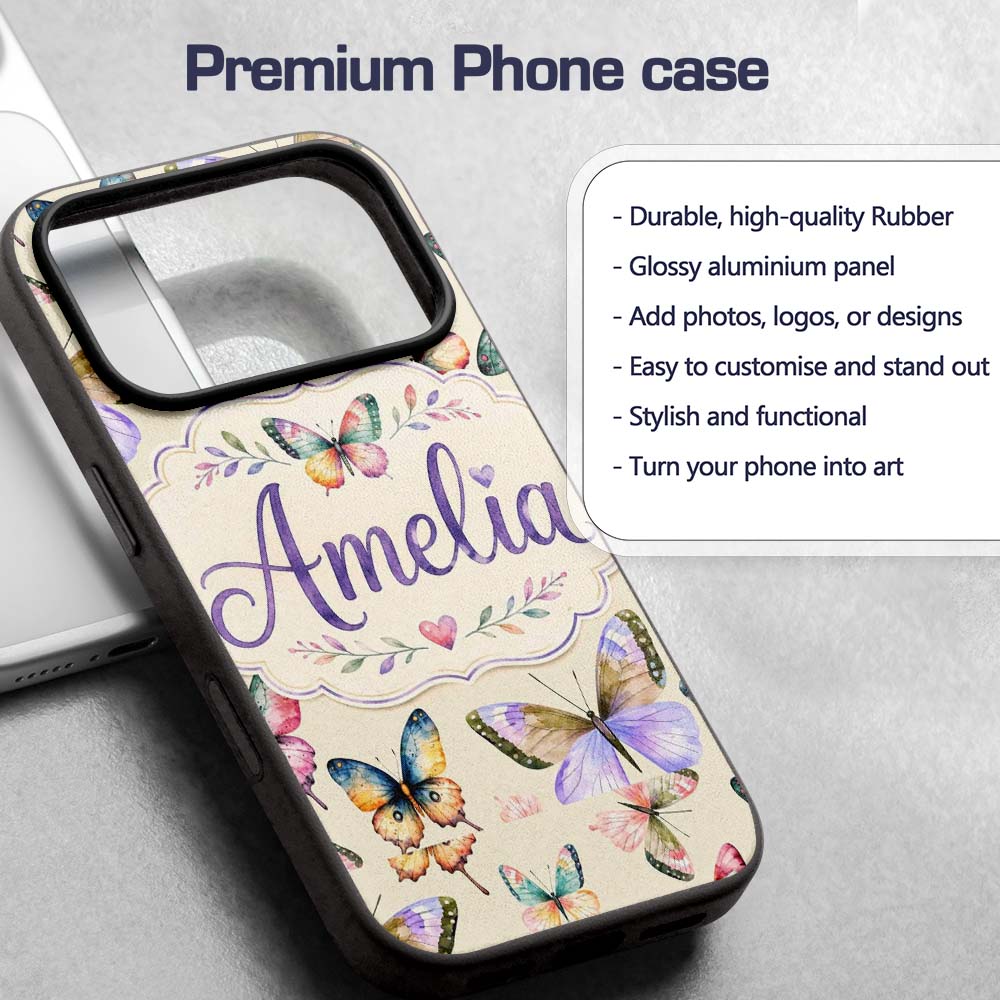 Colorful Watercolor Butterflies on Printed Design Custom Name Protective Phone Case Mobile Cover Durable Everyday Smartphone Shock Resistant