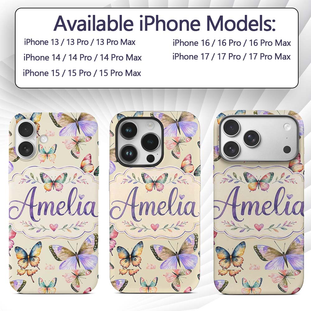 Colorful Watercolor Butterflies on Printed Design Custom Name Protective Phone Case Mobile Cover Durable Everyday Smartphone Shock Resistant
