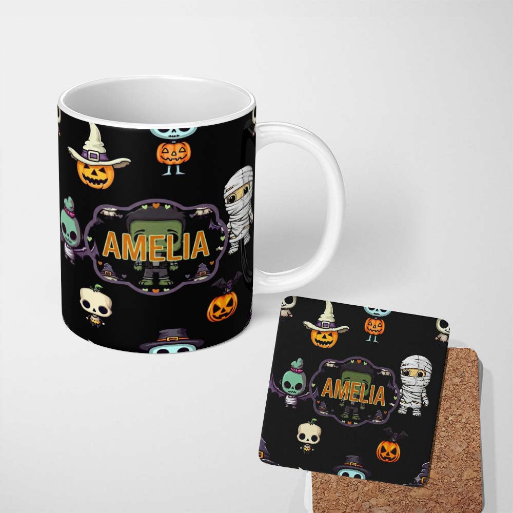 Personalized Custom Name Cute Halloween Characters Pumpkin Skull Mummy Seamless Pattern White 11oz Ceramic Coffee Tea Mug White Large Handle