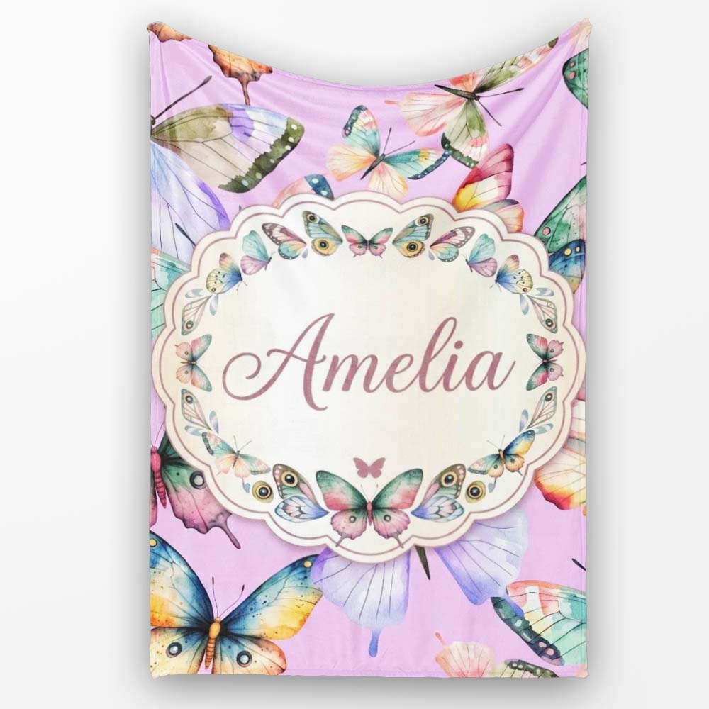 Colorful Watercolor Butterflies on Lavender Background Seamless  Personalised Custom Name Super Soft Fleece Blanket Bed Sofa Throw