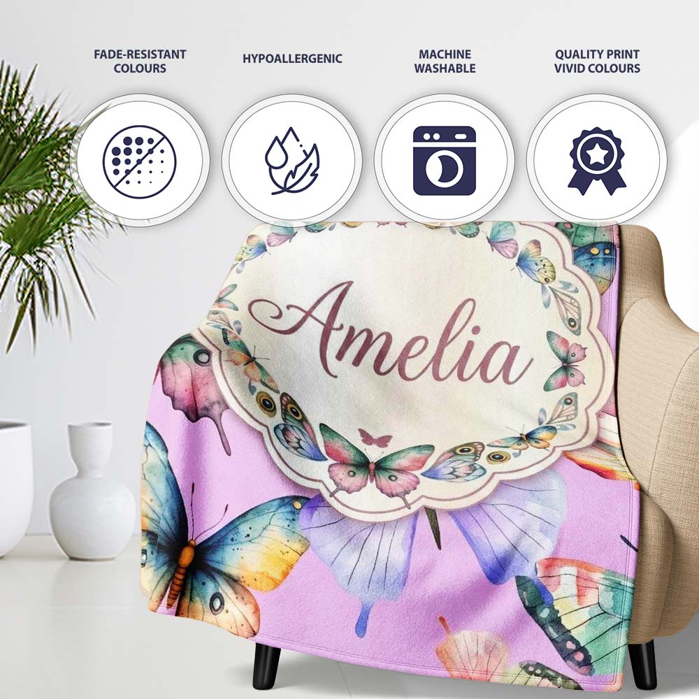 Colorful Watercolor Butterflies on Lavender Background Seamless  Personalised Custom Name Super Soft Fleece Blanket Bed Sofa Throw