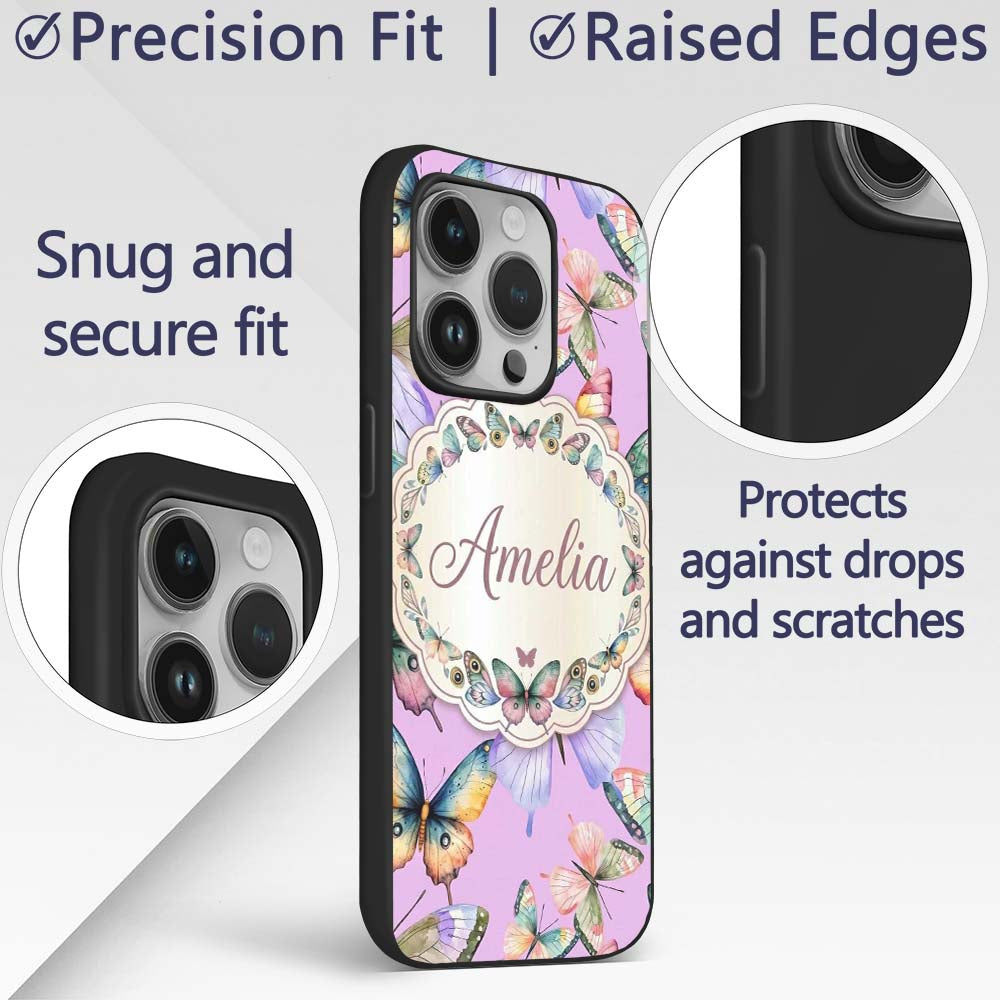 Colorful Watercolor Butterflies on Printed Design Custom Name Protective Phone Case Mobile Cover Durable Everyday Smartphone Shock Resistant