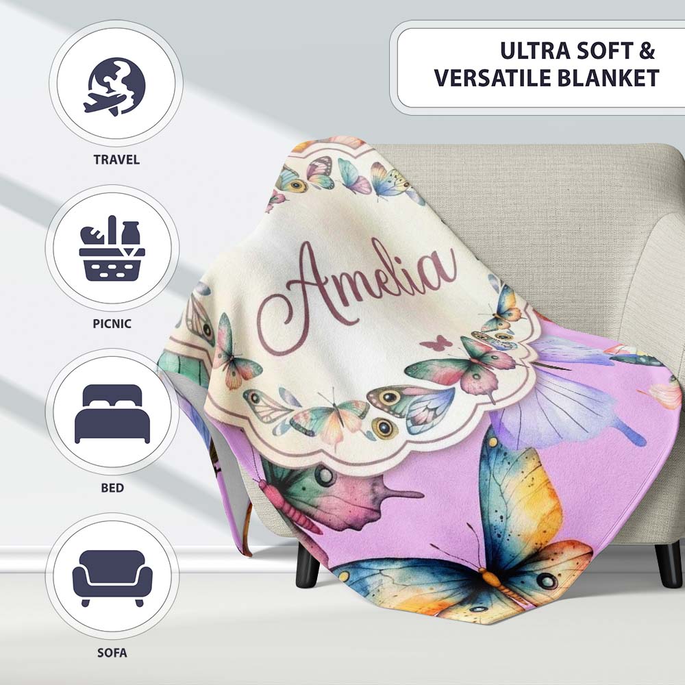 Colorful Watercolor Butterflies on Lavender Background Seamless  Personalised Custom Name Super Soft Fleece Blanket Bed Sofa Throw