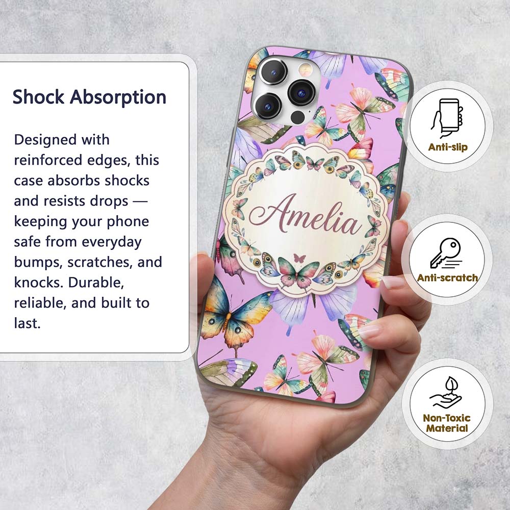 Colorful Watercolor Butterflies on Printed Design Custom Name Protective Phone Case Mobile Cover Durable Everyday Smartphone Shock Resistant