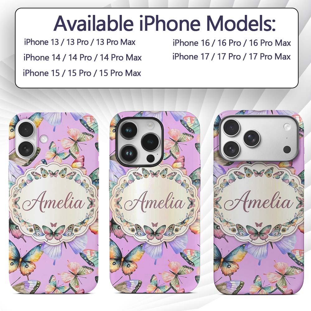 Colorful Watercolor Butterflies on Printed Design Custom Name Protective Phone Case Mobile Cover Durable Everyday Smartphone Shock Resistant