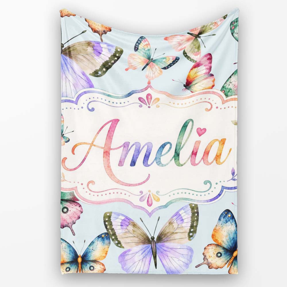 Colorful Watercolor Butterflies on Sky Blue Background Seamless  Personalised Custom Name Super Soft Fleece Blanket Bed Sofa Throw