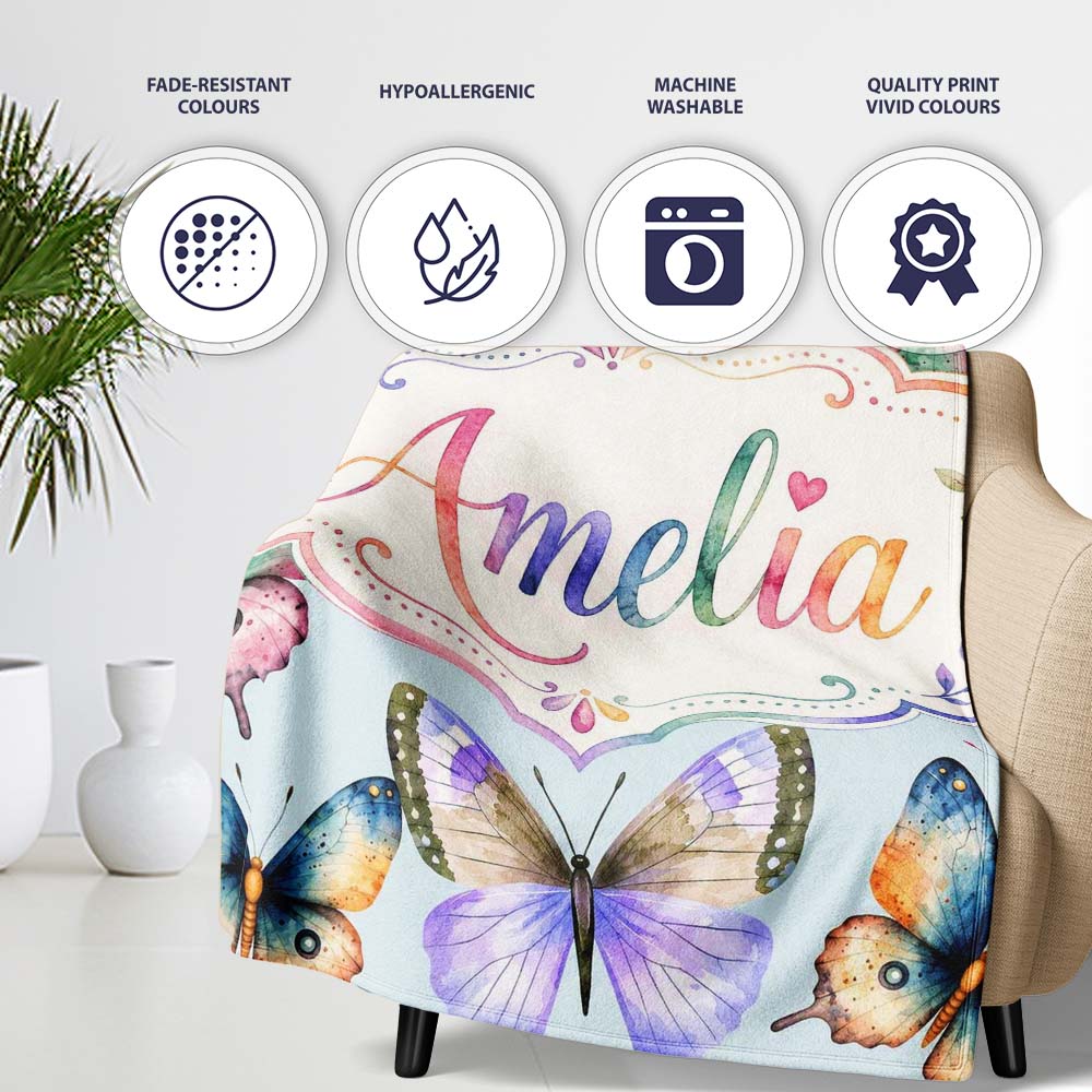 Colorful Watercolor Butterflies on Sky Blue Background Seamless  Personalised Custom Name Super Soft Fleece Blanket Bed Sofa Throw