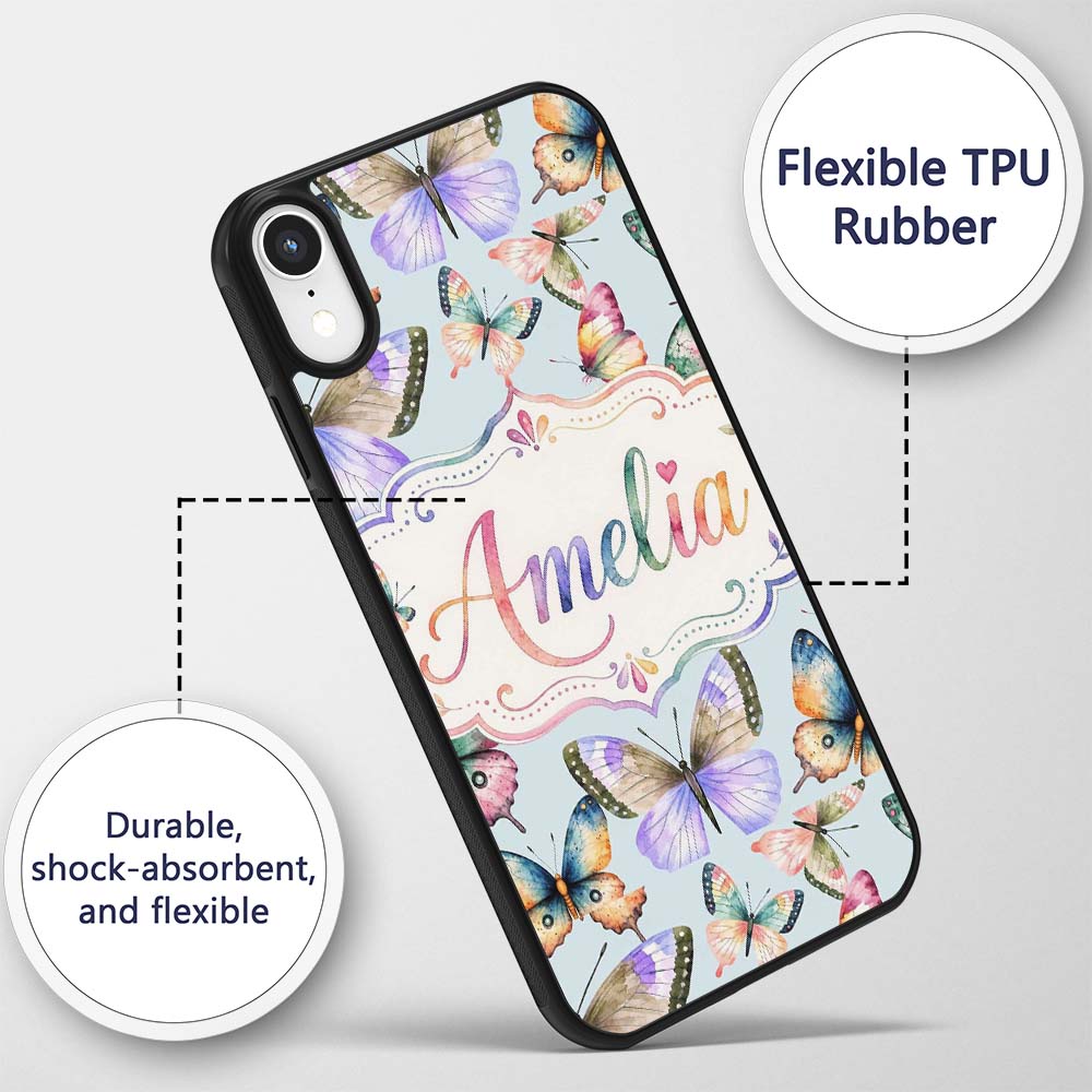 Colorful Watercolor Butterflies on Printed Design Custom Name Protective Phone Case Mobile Cover Durable Everyday Smartphone Shock Resistant
