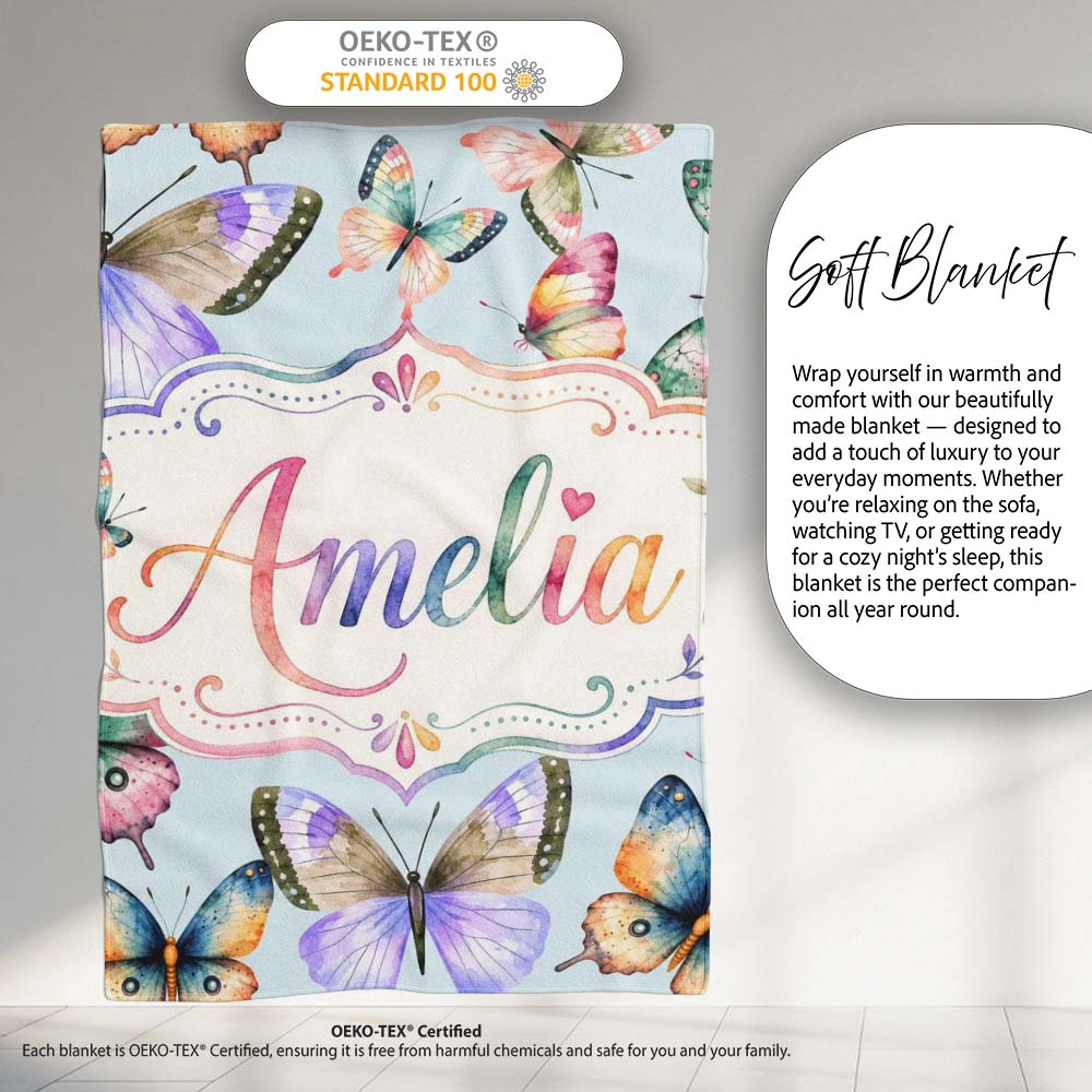 Colorful Watercolor Butterflies on Sky Blue Background Seamless  Personalised Custom Name Super Soft Fleece Blanket Bed Sofa Throw