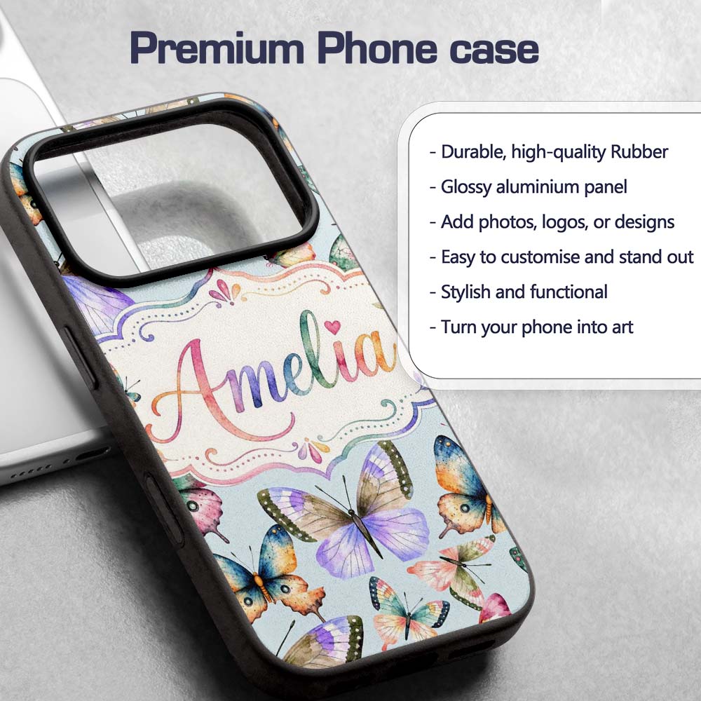 Colorful Watercolor Butterflies on Printed Design Custom Name Protective Phone Case Mobile Cover Durable Everyday Smartphone Shock Resistant