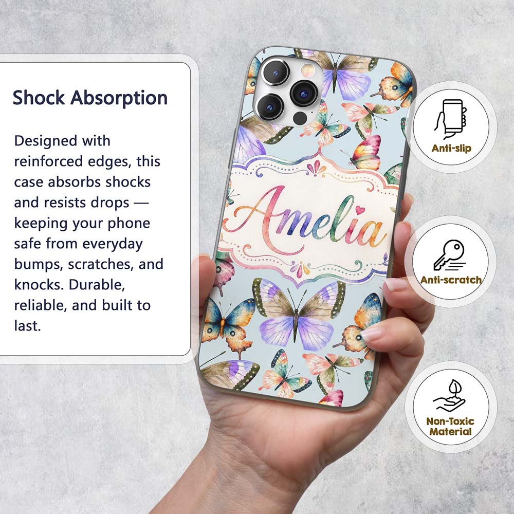 Colorful Watercolor Butterflies on Printed Design Custom Name Protective Phone Case Mobile Cover Durable Everyday Smartphone Shock Resistant