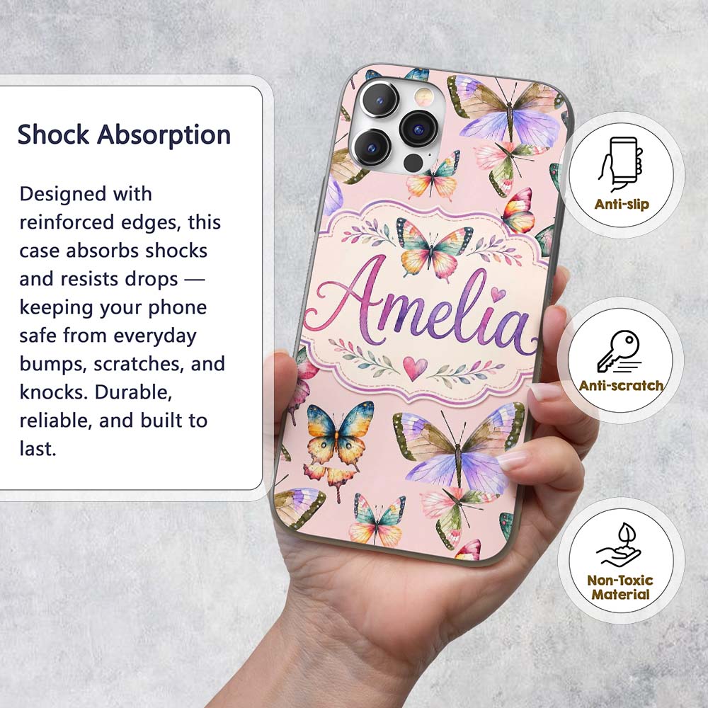 Colorful Watercolor Butterflies on Blush Pink Custom Name Protective Phone Case Mobile Cover Durable Everyday Smartphone Shock Resistant