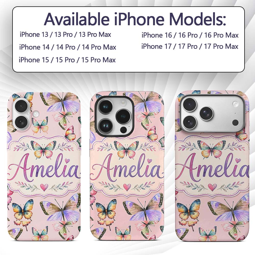 Colorful Watercolor Butterflies on Blush Pink Custom Name Protective Phone Case Mobile Cover Durable Everyday Smartphone Shock Resistant