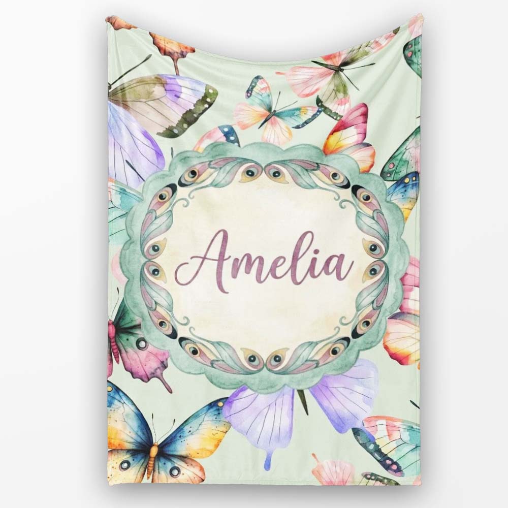 Colorful Watercolor Butterflies on Sage Green Background Seamless  Personalised Custom Name Super Soft Fleece Blanket Bed Sofa Throw