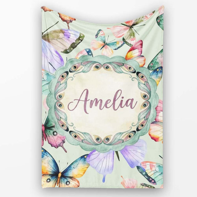 Colorful Watercolor Butterflies on Sage Green Background Seamless  Personalised Custom Name Super Soft Fleece Blanket Bed Sofa Throw