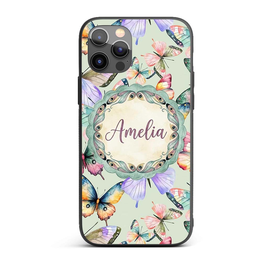 Colorful Watercolor Butterflies on Sage Green Custom Name Protective Phone Case Mobile Cover Durable Everyday Smartphone Shock Resistant