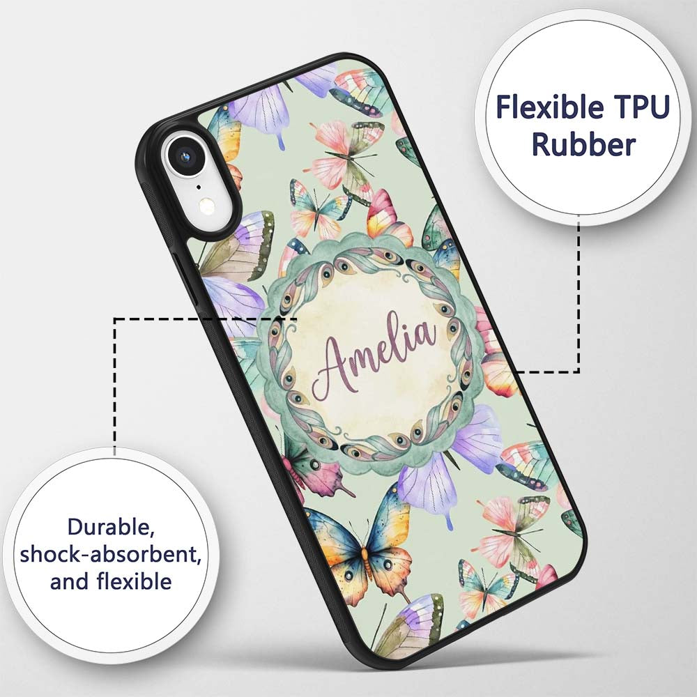 Colorful Watercolor Butterflies on Sage Green Custom Name Protective Phone Case Mobile Cover Durable Everyday Smartphone Shock Resistant