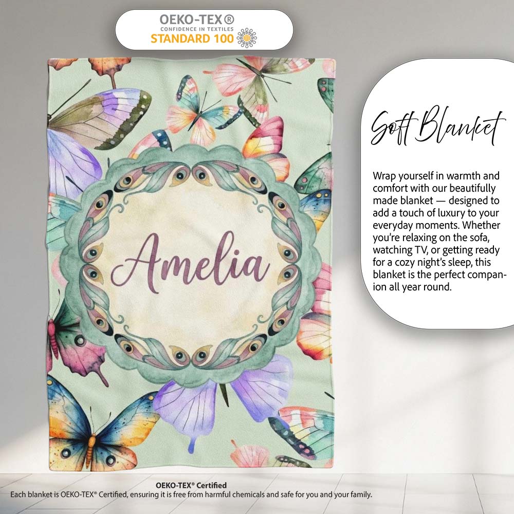 Colorful Watercolor Butterflies on Sage Green Background Seamless  Personalised Custom Name Super Soft Fleece Blanket Bed Sofa Throw