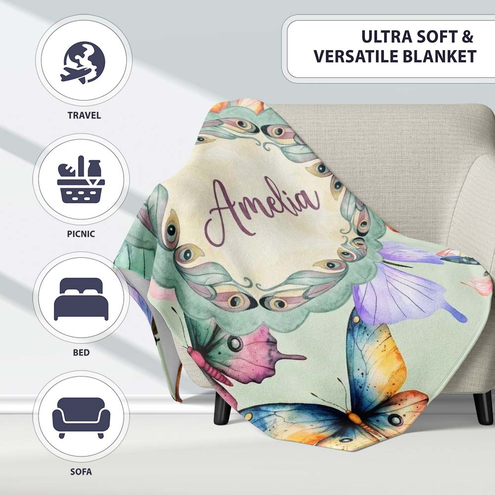 Colorful Watercolor Butterflies on Sage Green Background Seamless  Personalised Custom Name Super Soft Fleece Blanket Bed Sofa Throw