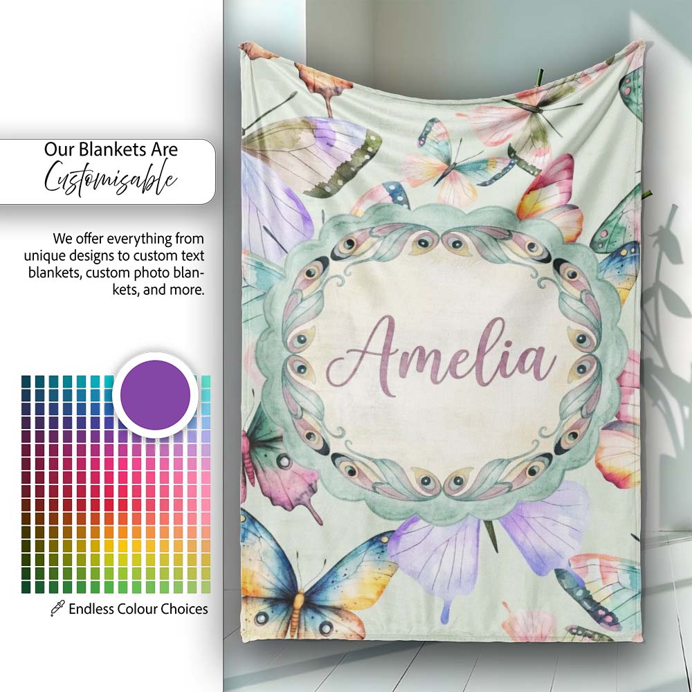 Colorful Watercolor Butterflies on Sage Green Background Seamless  Personalised Custom Name Super Soft Fleece Blanket Bed Sofa Throw
