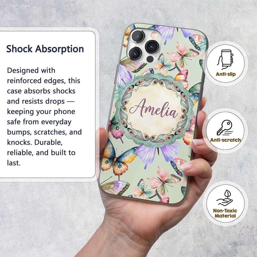 Colorful Watercolor Butterflies on Sage Green Custom Name Protective Phone Case Mobile Cover Durable Everyday Smartphone Shock Resistant